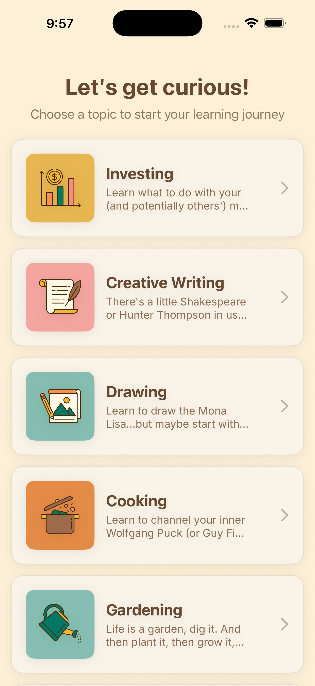 Curiosity selector screen